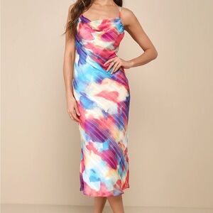 Lulus Constant Sensation Blue Multi Abstract Print Lurex Midi Dress